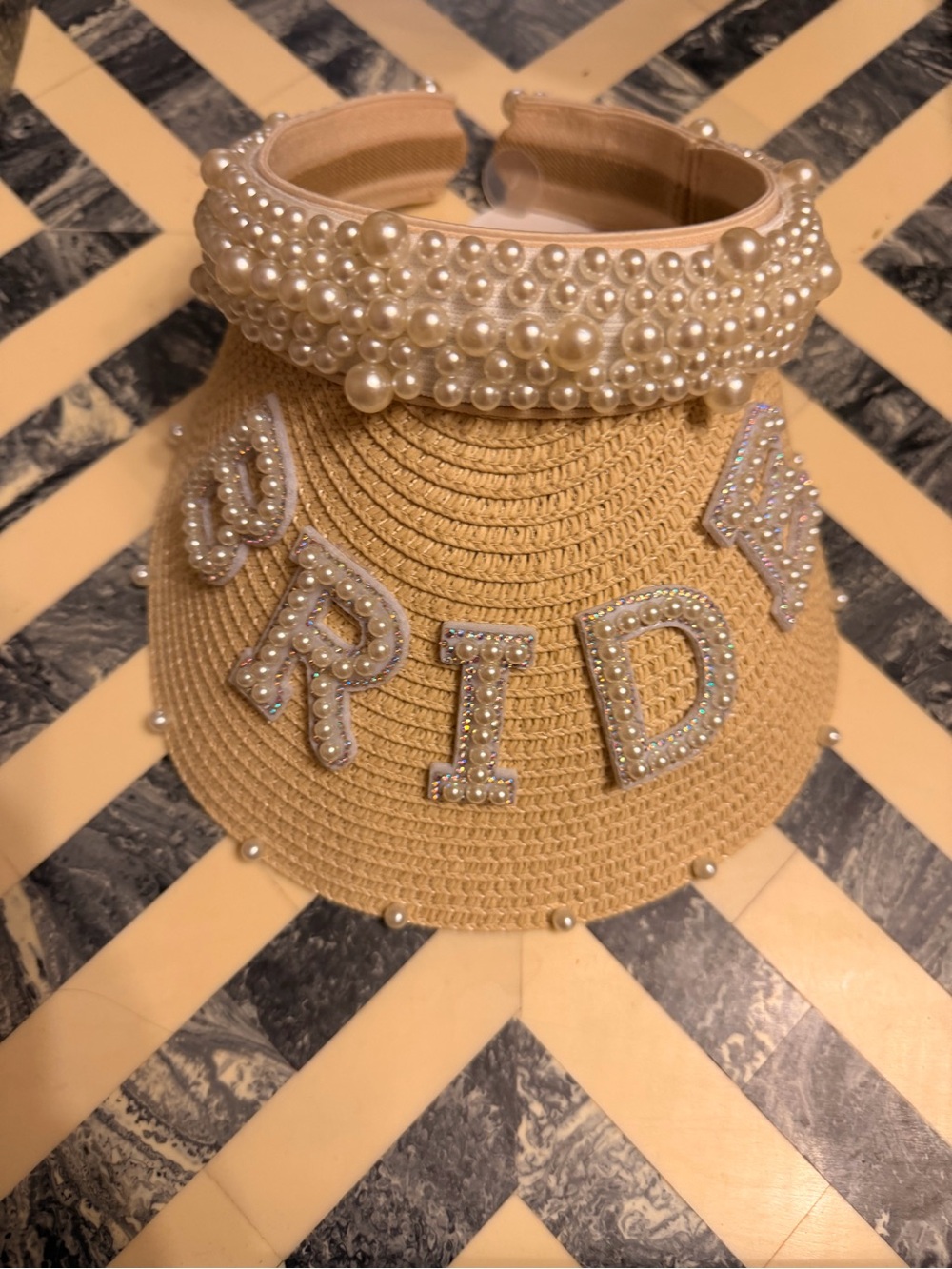 Pearl-Embellished Tan Kids Visor